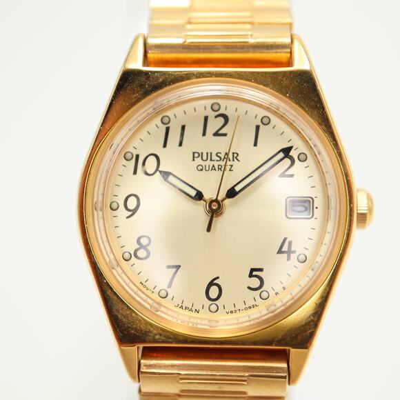 Vtg Pulsar Watch Women Gold Tone 23mm Date V827-0430 Stretch Band w New Battery main image 7
